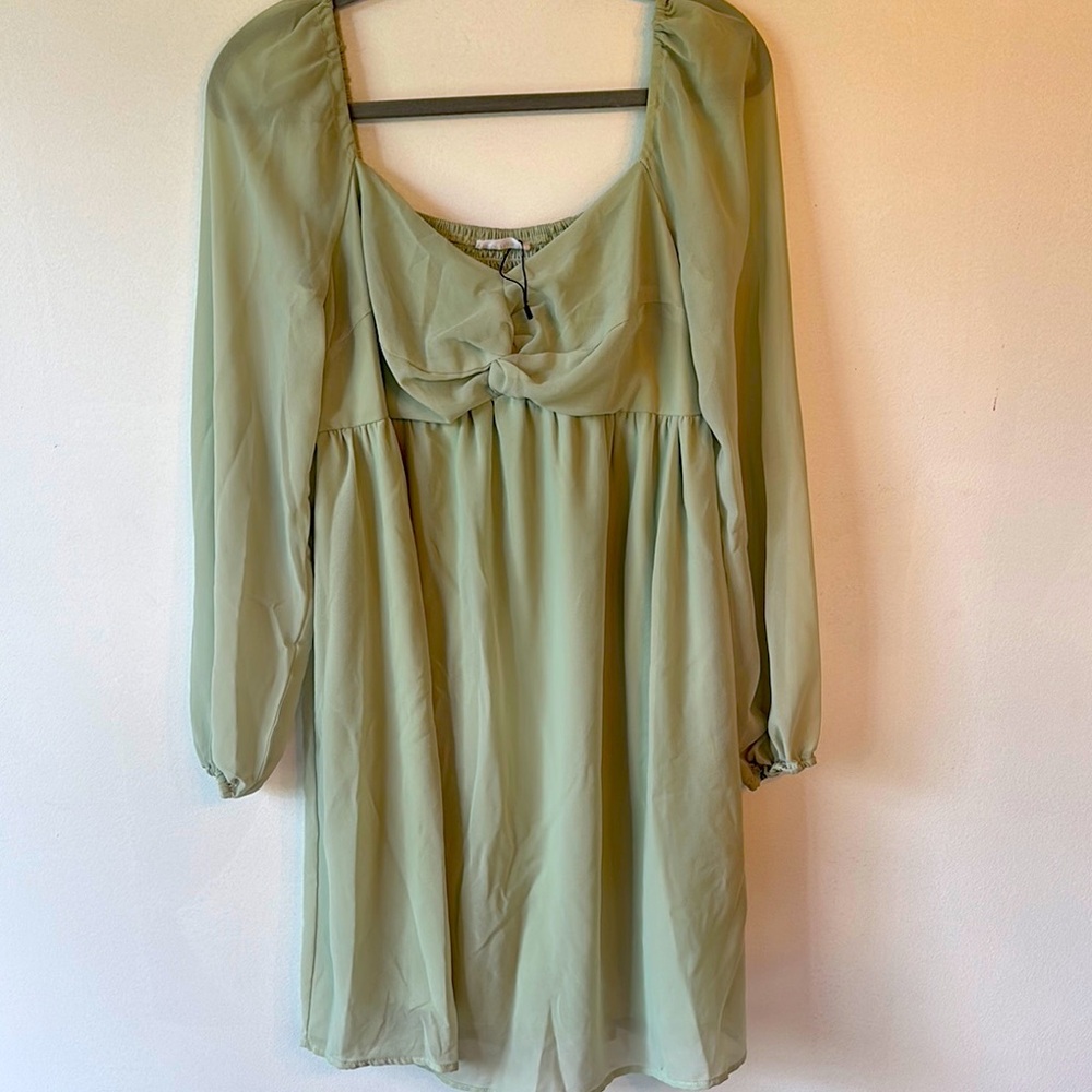 Elegant Celedon Green Sheer Long Sleeve Babydoll Dress, NWoT sz XL